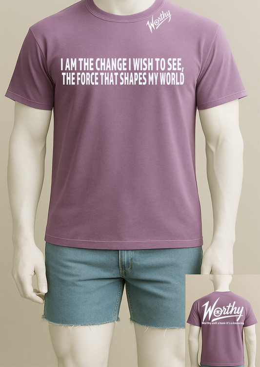 Every word is a reminder of your power to shift atmospheres and rewrite your story.
Printed on a soft, premium cotton shirt in a rich violet hue, this piece moves with strength and intention.