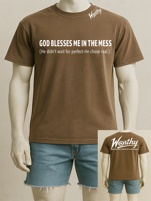 This shirt ain’t about being polished — it’s about being real.
“God blesses me in the mess” is for the ones who thought they had to be perfect to be loved… and found out grace met them anyway.
With bold front text and the Worthy logo on the chest + powerful back message:
“Worthy ain’t a look — it’s a knowing.”
This tee reminds you that healing is holy, and you’re chosen as you are.