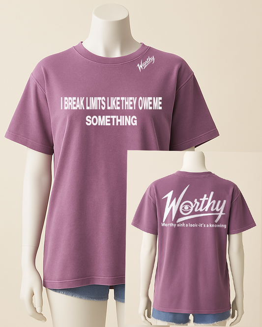 Step into your power with the Worthy “I Break Limits” Tee – bold, fearless, and unapologetically you.
⠀
💥 Front: “I BREAK LIMITS LIKE THEY OWE ME SOMETHING”
💪 Back: Oversized Worthy logo + “Worthy ain’t a look—it’s a knowing”
⠀