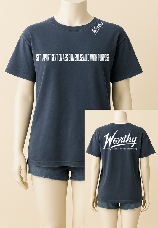 This tee isn’t just a look — it’s a divine assignment.
Boldly printed with the message:
“Set Apart. Sent on Assignment. Sealed with Purpose.”
This shirt declares your calling without saying a word.
The front speaks identity. The back? Pure truth:
“Worthy ain’t a look — it’s a knowing.”