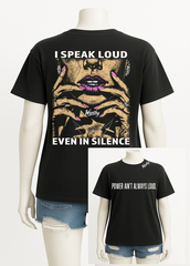 Let your silence speak volumes. This bold black tee features a striking back graphic of a woman’s face and hands, framed by the words “I Speak Loud Even In Silence.” The front delivers a powerful reminder: “Power Ain’t Always Loud,” with the Worthy logo stamped at the collar. Made for those who don't need to shout to be heard.